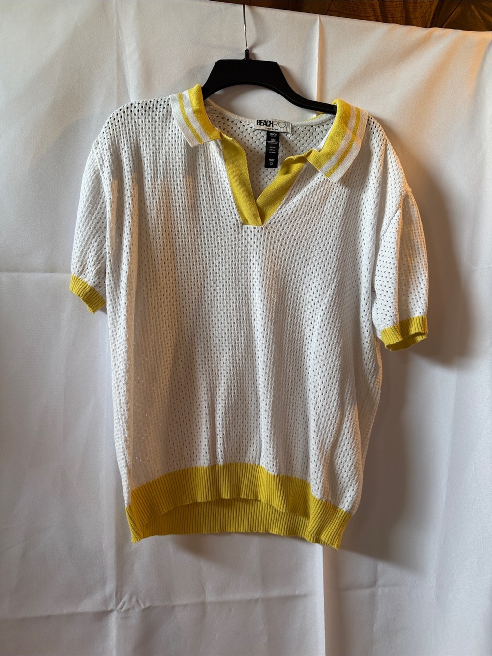 VINTAGE Beach Riot White Knit Polo Top with Yellow Trim